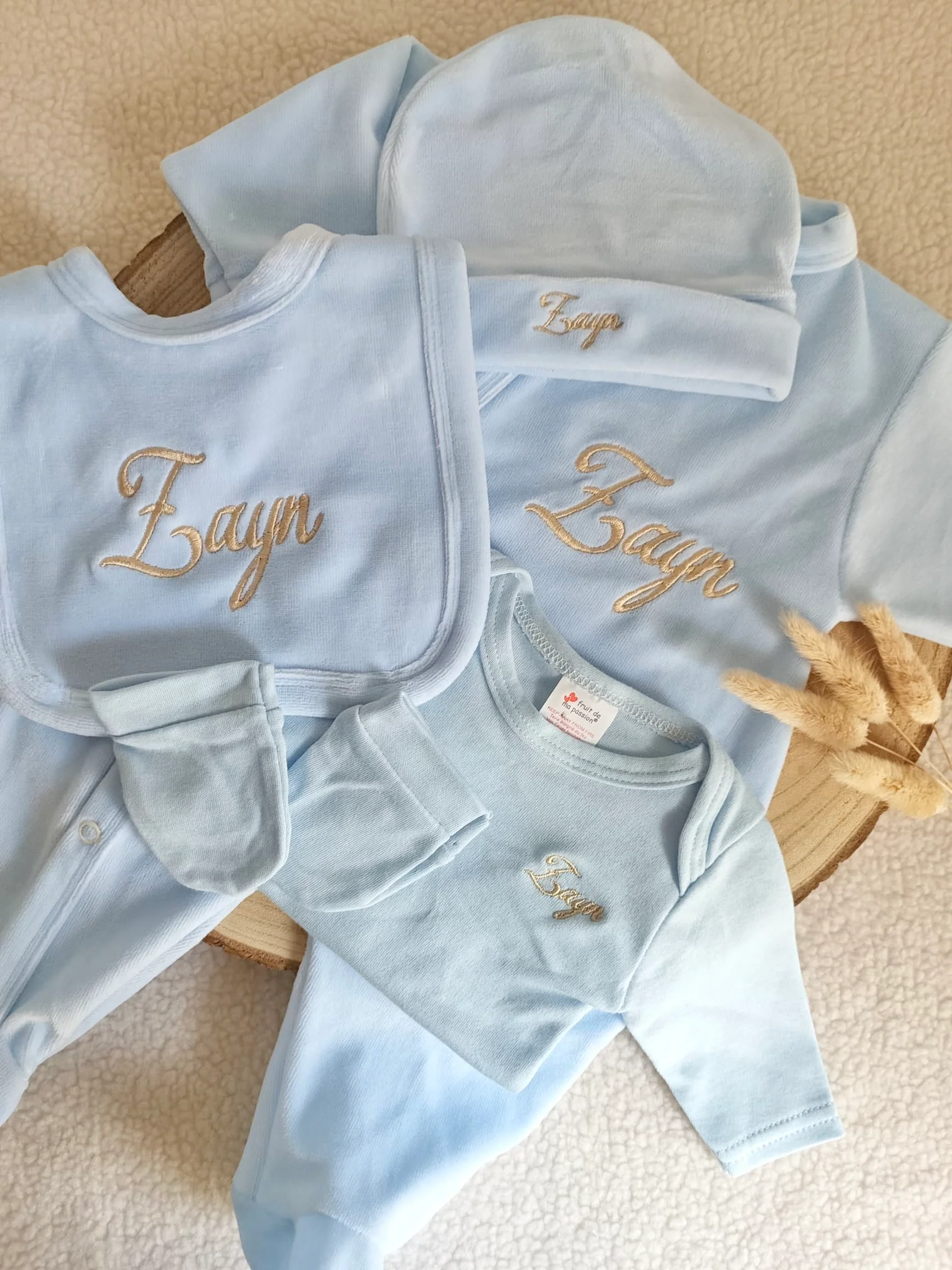 Dors bien velours bleu ciel, 5 pièces - plusieurs tailles -