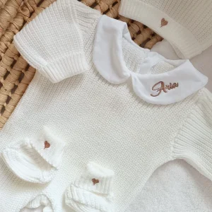 Combinaison maille blanc avec col blanc - 0/3 mois 3/6 mois et 9/12 mois - personnalisable
