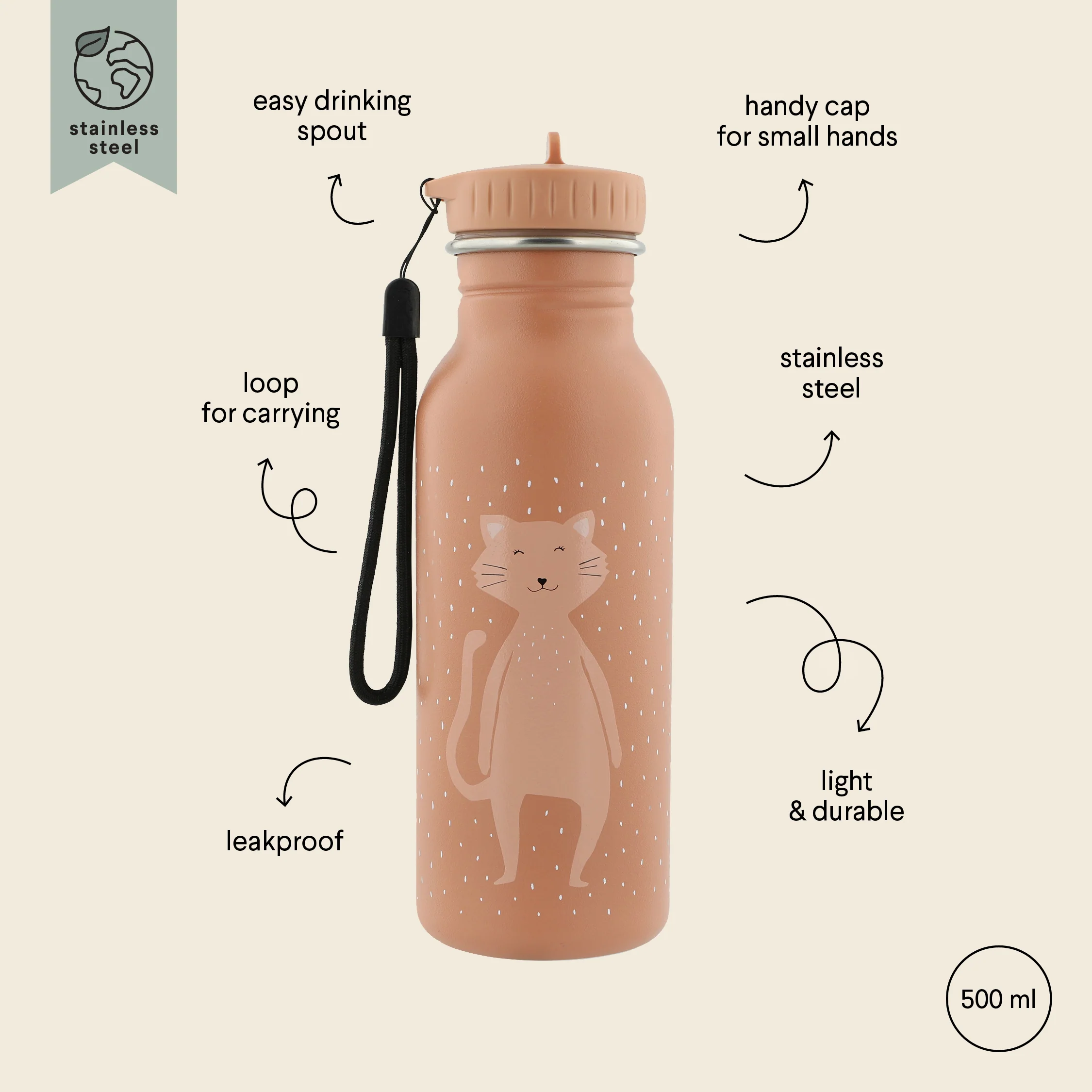 Gourde Enfant Chat Malicieux en Inox (500ml) – Anti-Choc & Zéro Fuite – Image 4